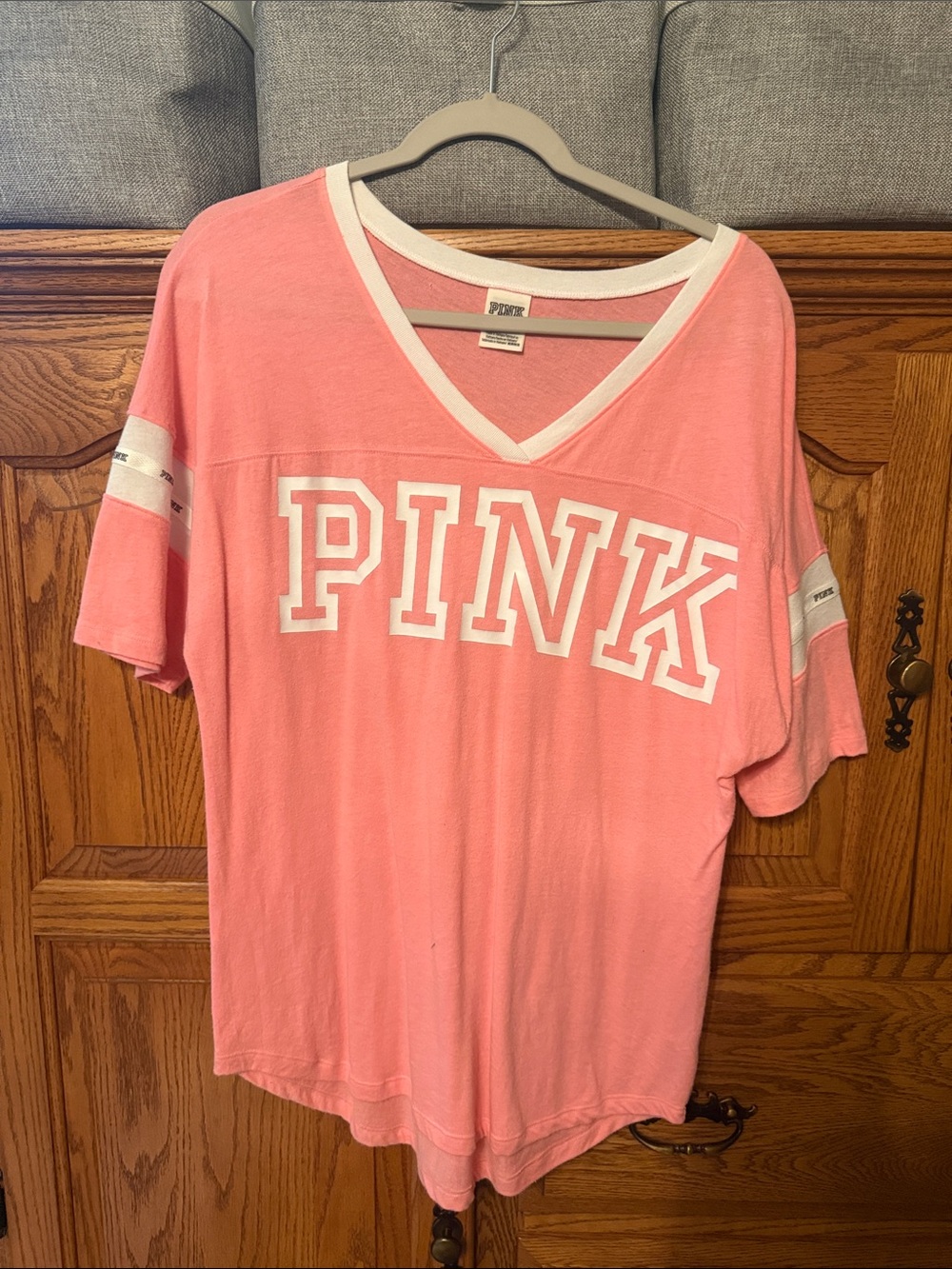 PINK Victoria's Secret Coral Pink V-Neck Jersey Tee with White Trim